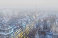 Thick layer of smog and haze obscuring the view of buildings. Heavy smog over the city during winter in Wroclaw, Poland